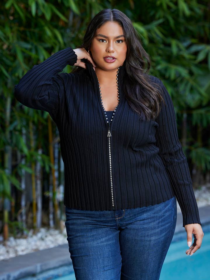 Plus Size Diamond Zip Front Mock Neck Sweater for wholesale by Belldini