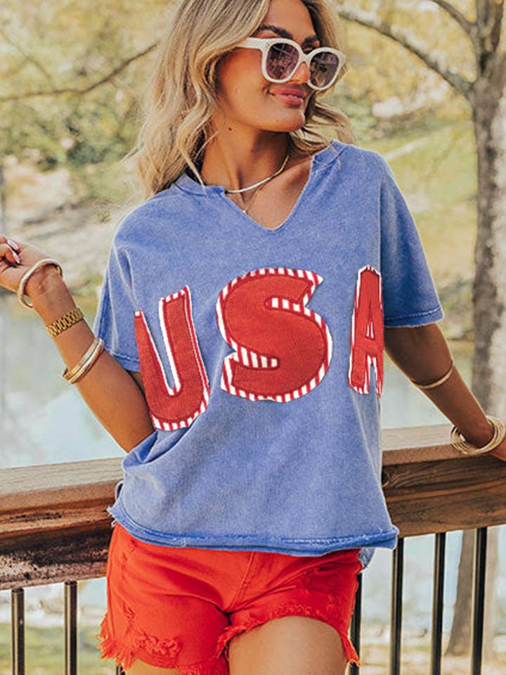 Sky Blue USA Patch Mineral Wash Notch V Neck Vintage Graphic T Shirt for wholesale on Faire