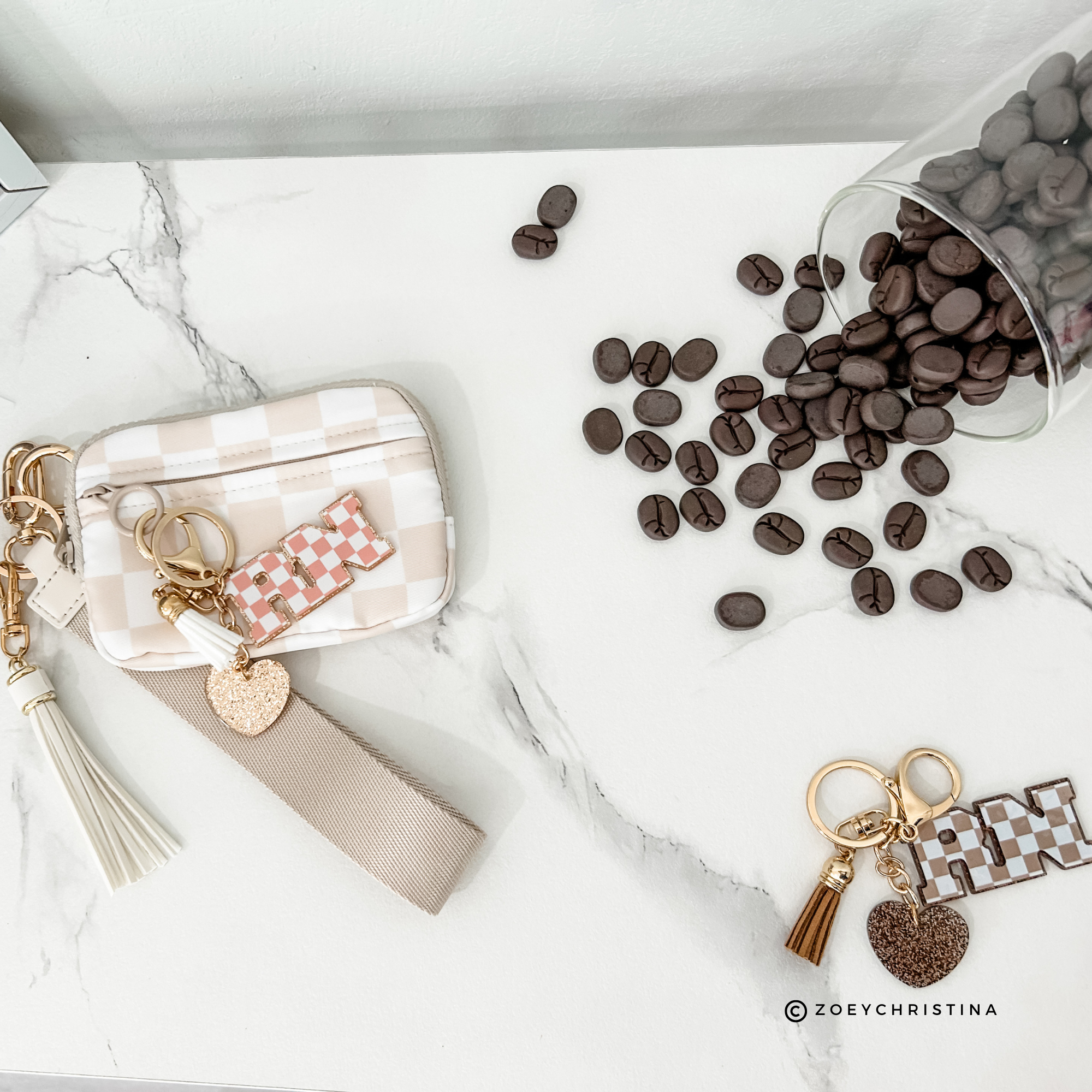 Zoey Christina - Wholesale Keychain - Women's - RN Keychain – Checkerboard Letter Charm with Tassel & Heart7