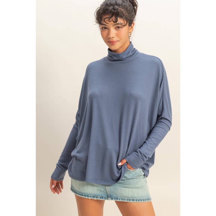 Draped Oversized Turtleneck Dolman Sleeve Top for wholesale by Double Zero