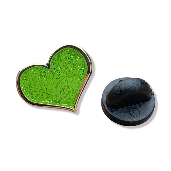 Green Glitter Heart Enamel Pin 1/2 inch for wholesale by Dream Maker Pins