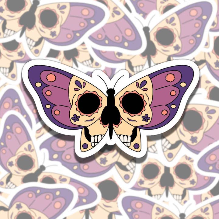 Adhesivo de vinilo Sugar Skull Butterfly para portátil y botella para venta al por mayor de Sticky Sadness Designs