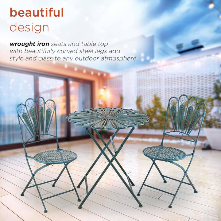 Peacock Bistro Set 3 Piece Light Blue Outdoor Patio Furniture for wholesale on Faire7