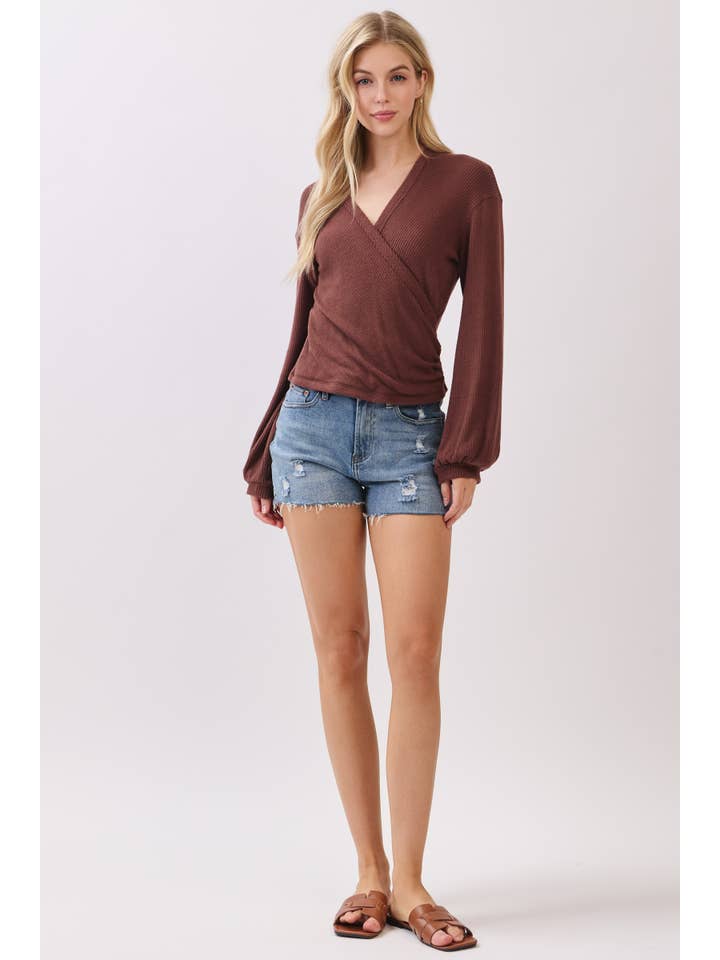 Final Touch – Engroshandel Strikket top - Dame – Børstet Ribbet Surplice Langærmet Top - NT3154110