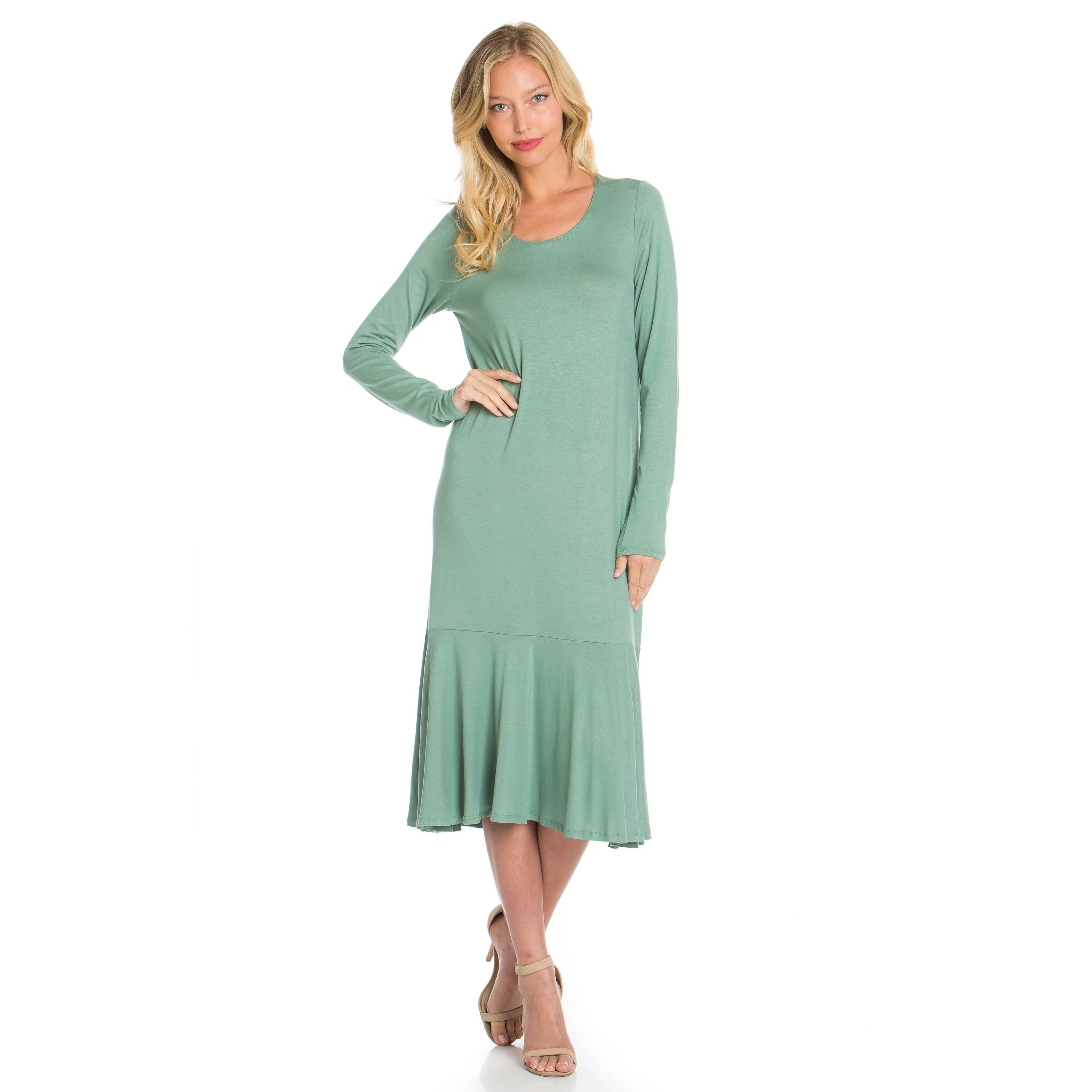 Azules Clothing - Wholesale Dress - Women's - ADM-8258RS Ruffle Hem Long Sleeve Midi Dress1