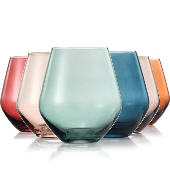 Pastel Colored Stemless Crystal Wine Glasses | 6 set | 16 oz for wholesale by The Wine Savant / Khen Glassware