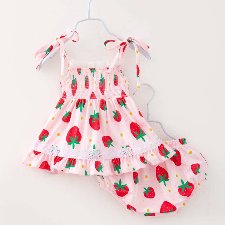 Pink Strawberry Flower Baby Girl Smocked Lace Ruffle Romper Set for wholesale by littleoneusa