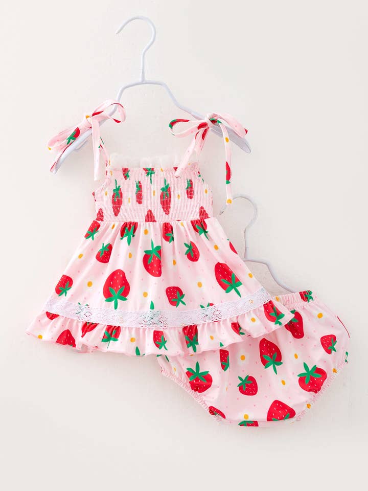 littleoneusa - Vente Ensemble de vêtements – bébé - Ensemble barboteuse à volants en dentelle smockée pour bébé fille avec fleurs de fraise roses