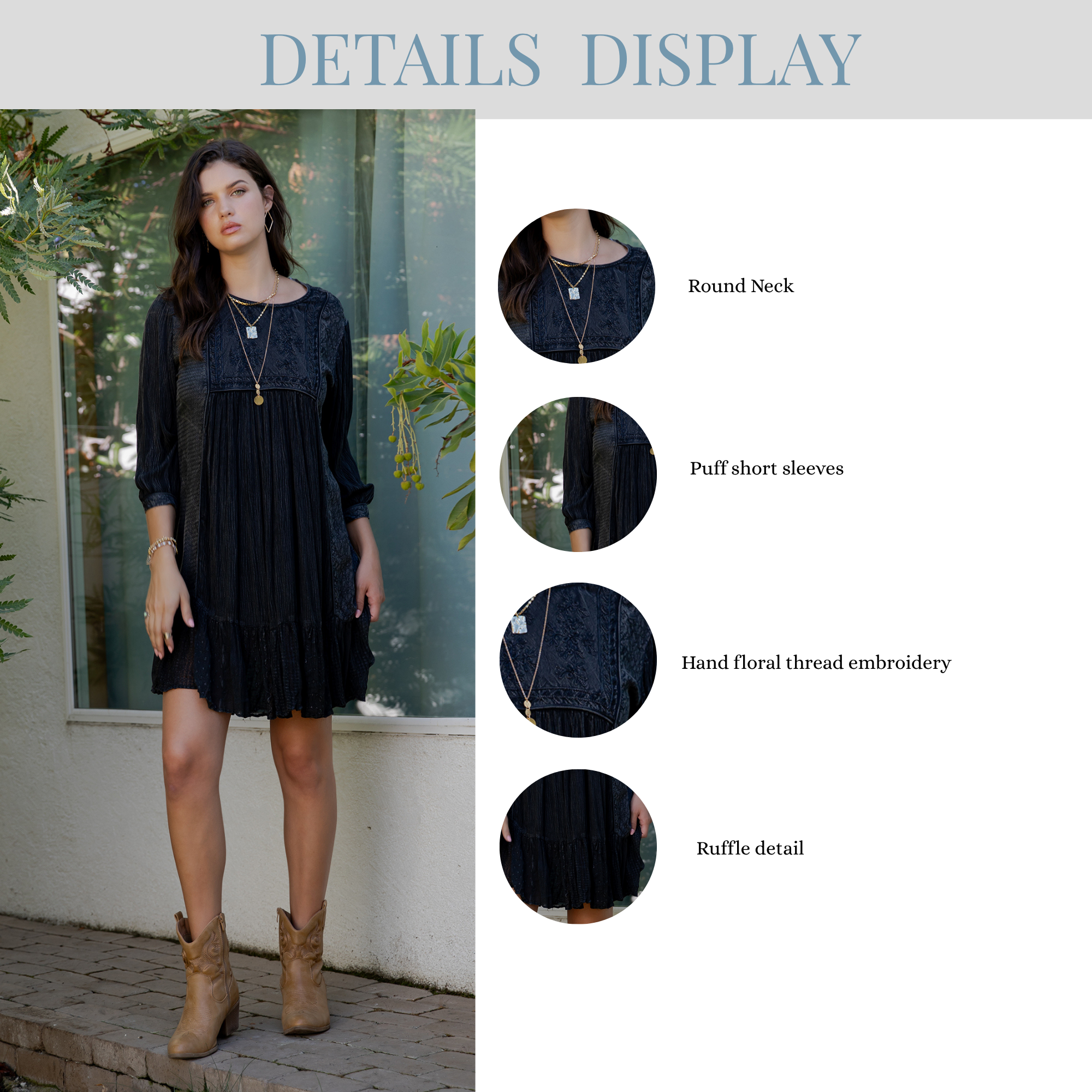 Charcoal Boho Embroidered Ruffle Hem Babydoll Dress ALSO IN PLUS for wholesale on Faire11