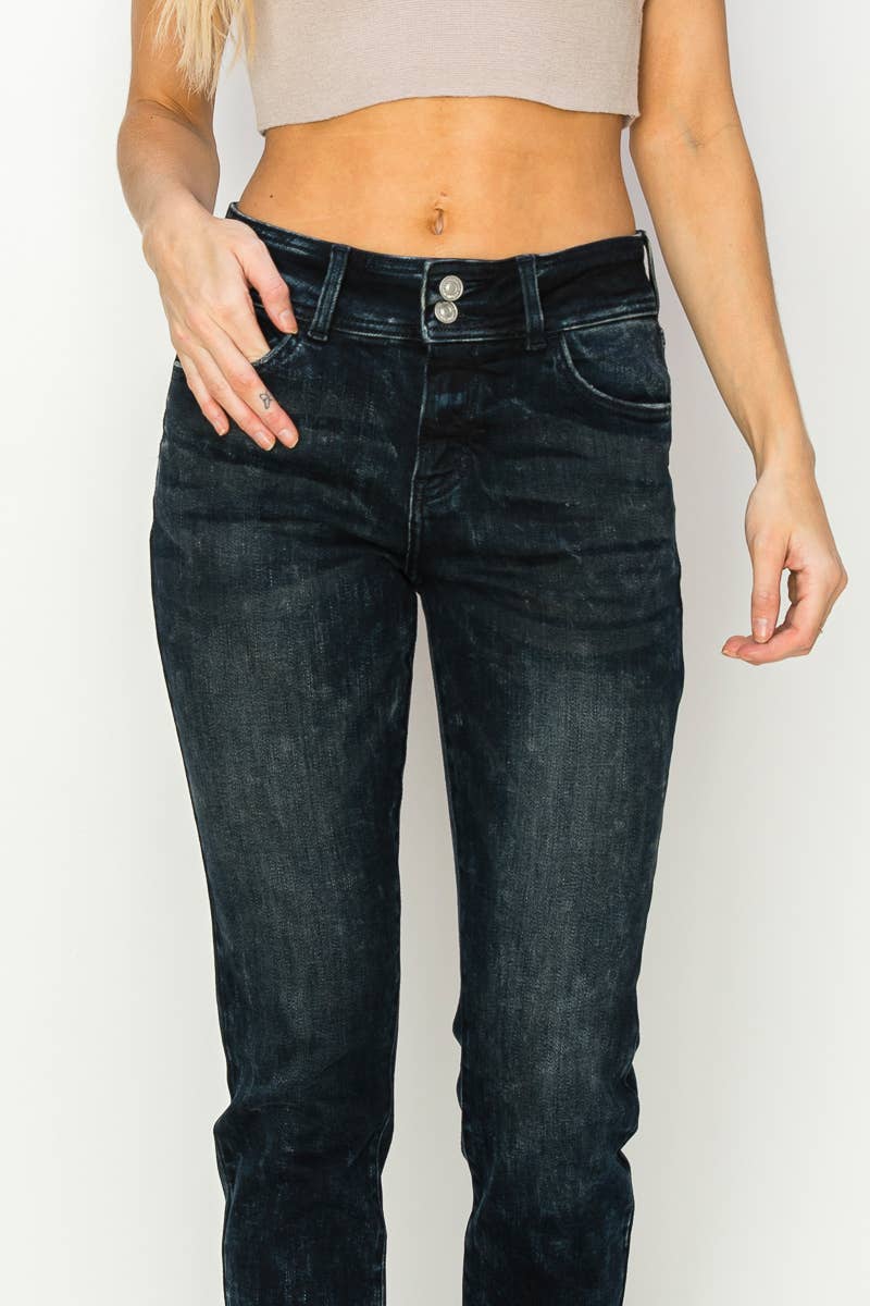 DARK WITH BLACK TINT MID RISE DOUBLE BUTTON CIGARETTE JEANS for wholesale on Faire4