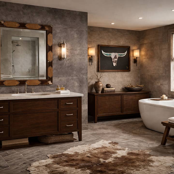 Ember & Elm Home Decor & More - Wholesale Wall Mirror - Artisan Studded Wood Mirror with Genuine Cowhide2