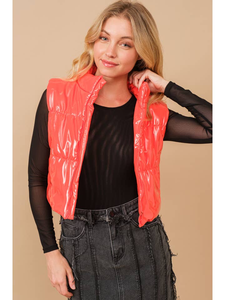 Blue B - Wholesale Outerwear Vest - Women's - 22656J - Gloss Shiny PU Quilted Puffer Zip Up Crop Vest49