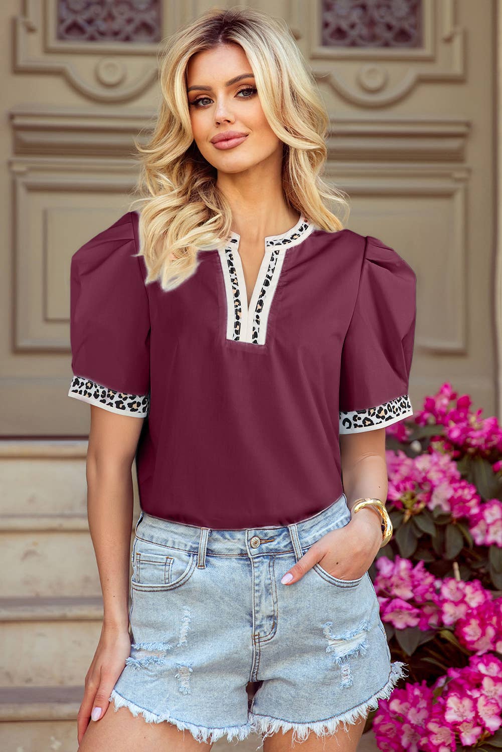 1 the Woman - Wholesale Blouse - Women's - Contrast Leopard Trim Split Neck Puff Sleeve Blouse0