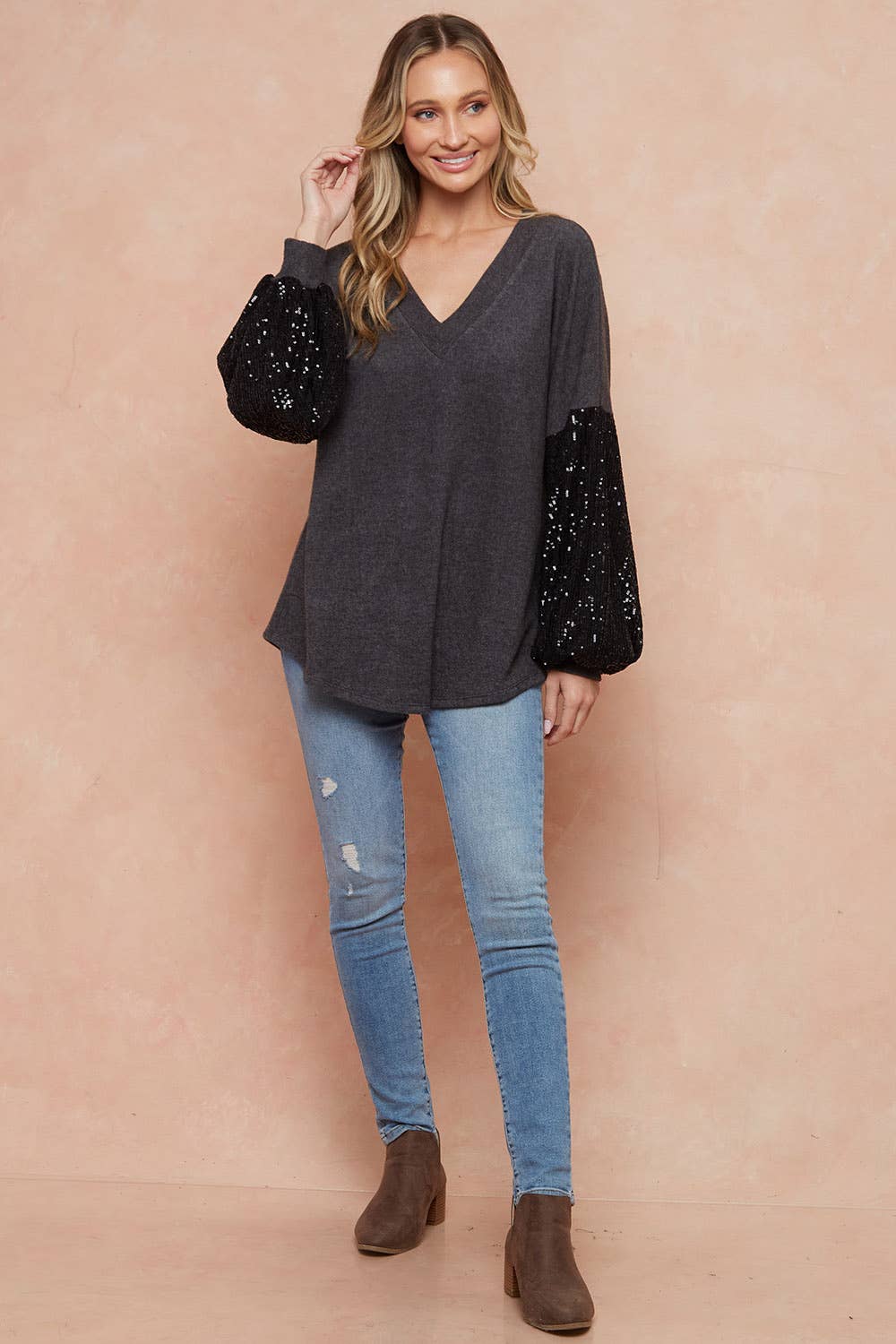 lovely melody – Túnica - Mulher por atacado – TÚNICA DE MANGA BALÃO DE LANTEJOULAS COM DECOTE LMT2869-V13