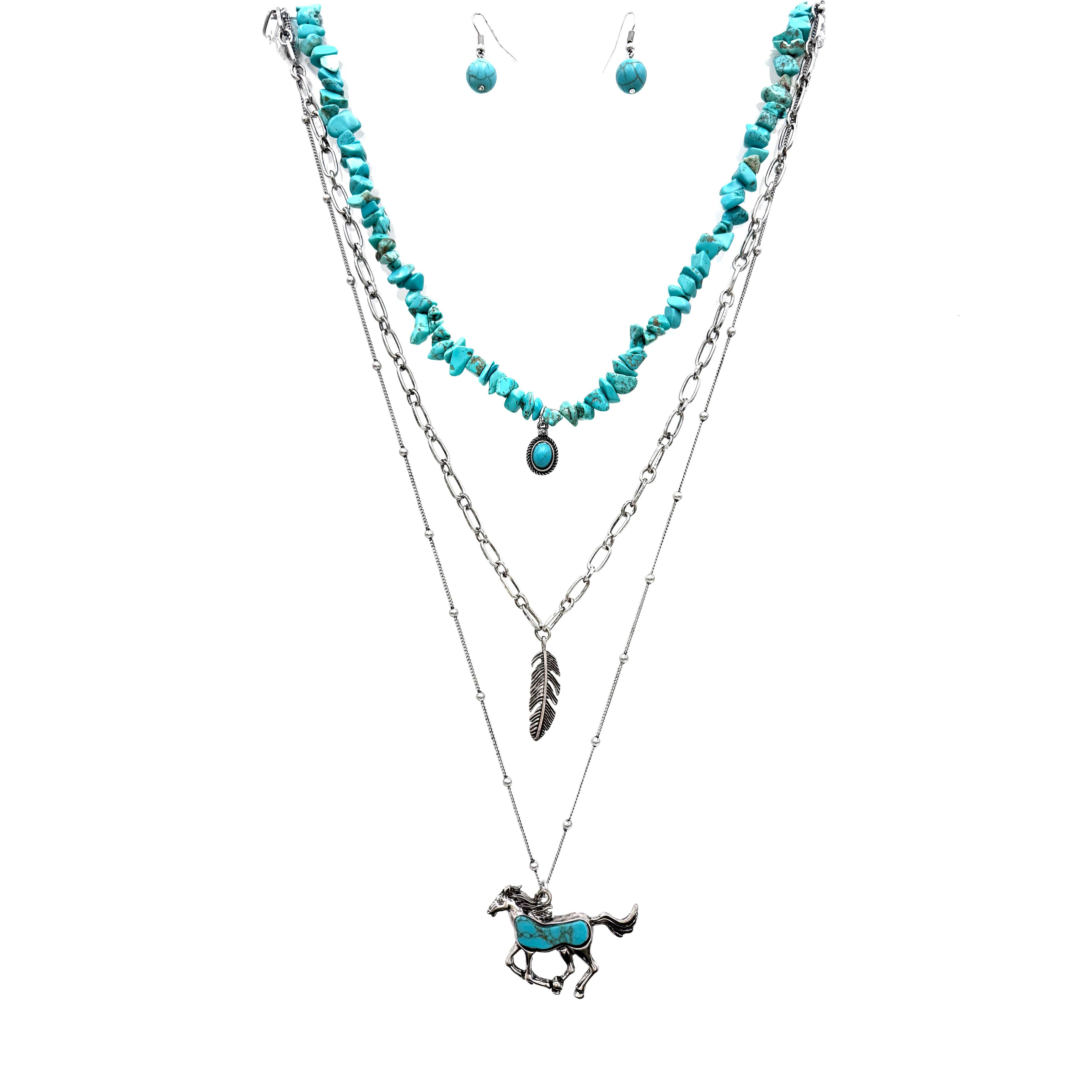 Lunar Deer - Wholesale Pendant/Charm Necklace - Horse Feather Three Pendant Turquoise Pebble Necklace0