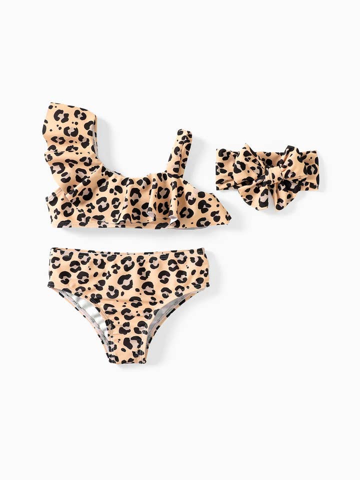 Brown 3pcs Toddler Girl Leopard Ruffle Swimsuit Set for wholesale on Faire