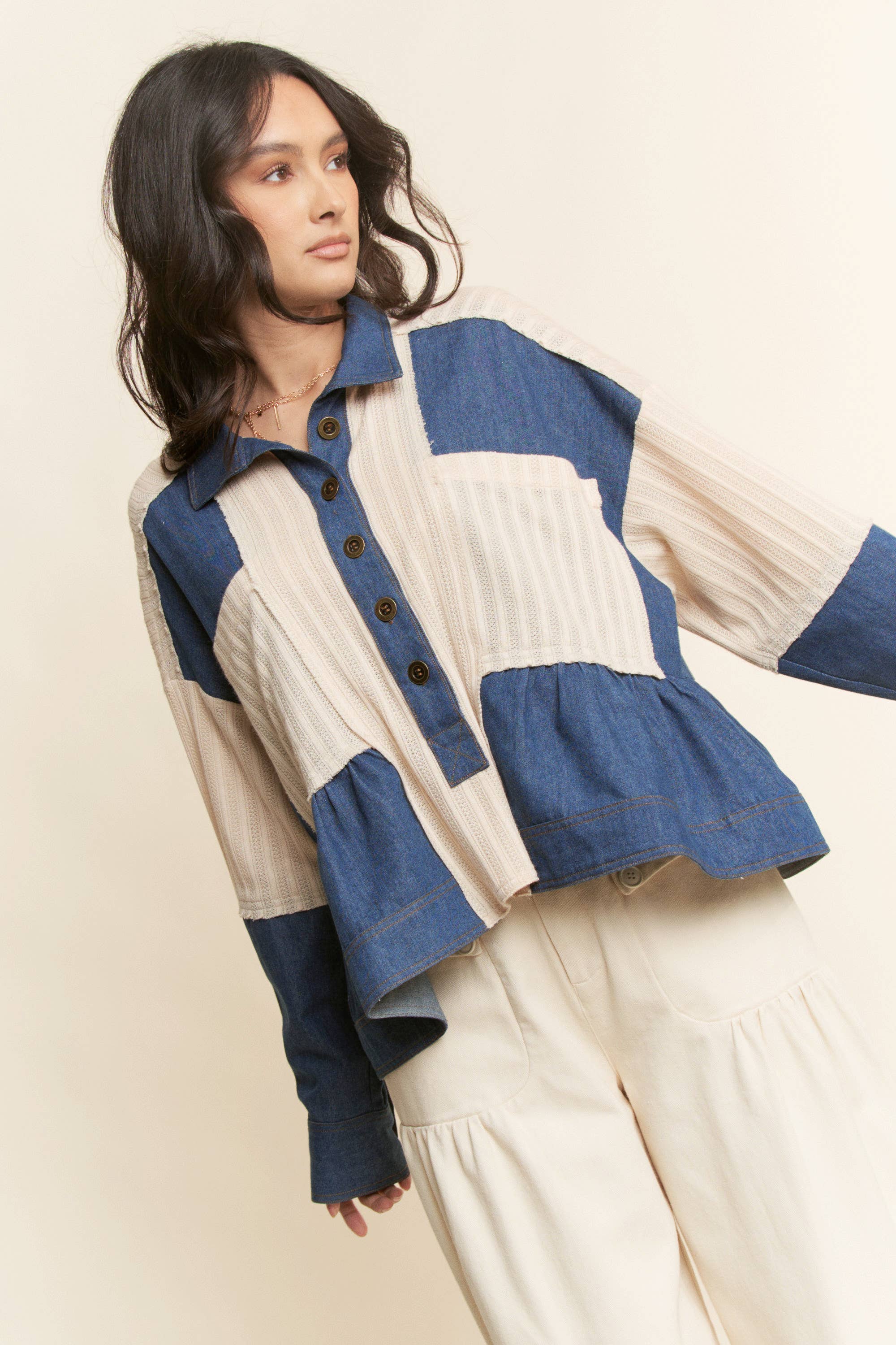 CREME DENIM BLAU CHAMBRAY ÜBERGROßES GEWEBTES OBERTEIL für den Großhandel auf Faire4
