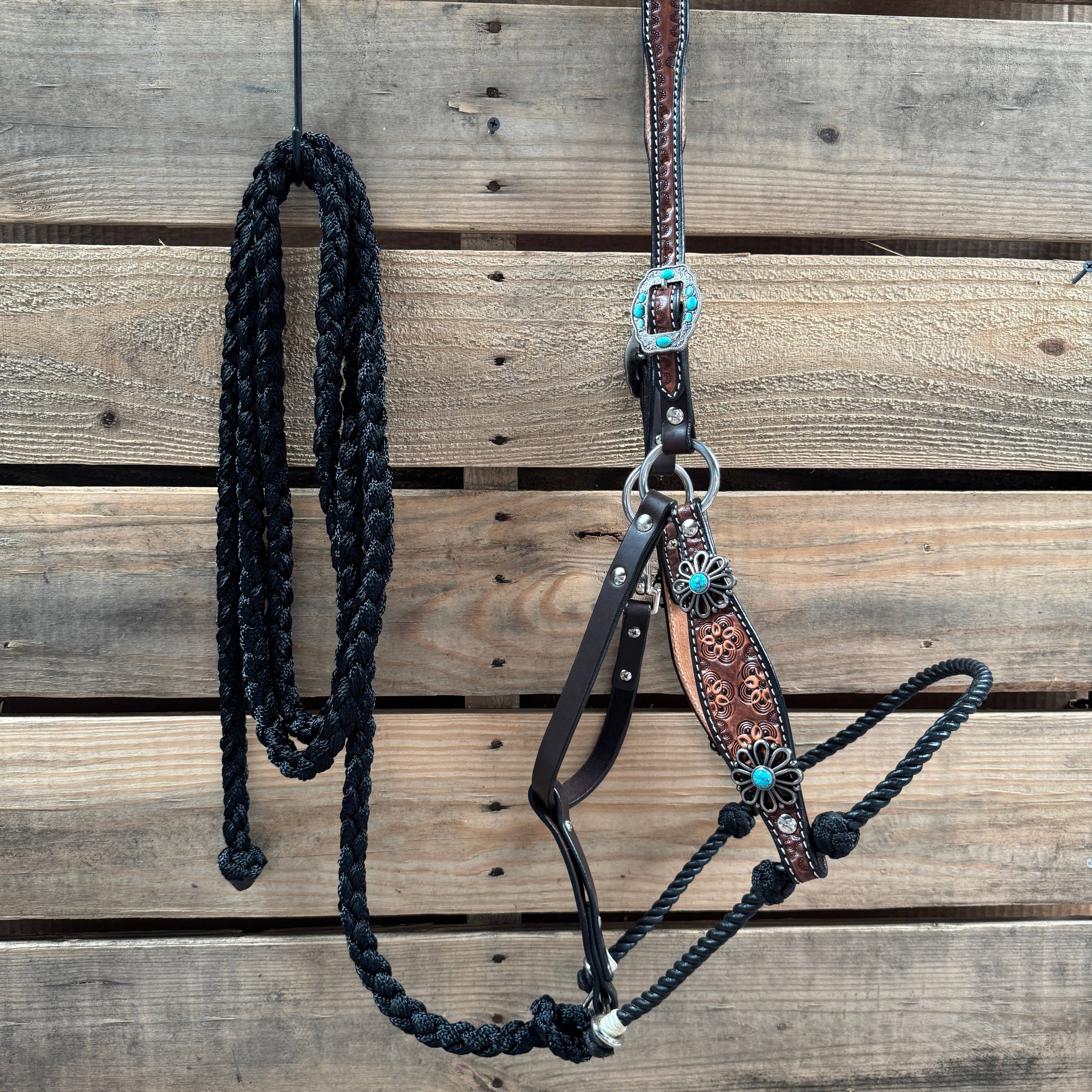 Rodeo Drive - Wholesale Horseback Riding Gear - Floral Tooled Lariat & Leather Combo Halter #LH1190