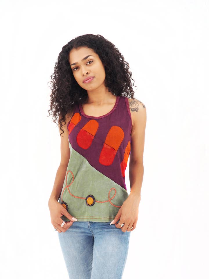 Patchwork Boho Tank Top 100% Algodão Pré-Lavado Tons Verdes S-M-L-XL por atacado de Purple Boho