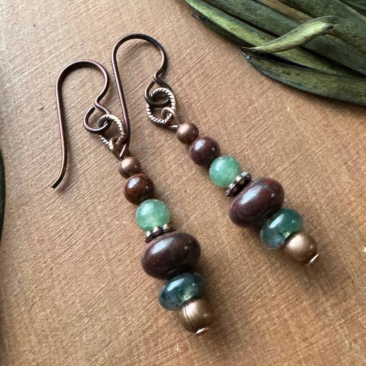 Poppy Jasper Earrings, Moss Agate, Green Aventurine, Copper for wholesale by Vintage Earth