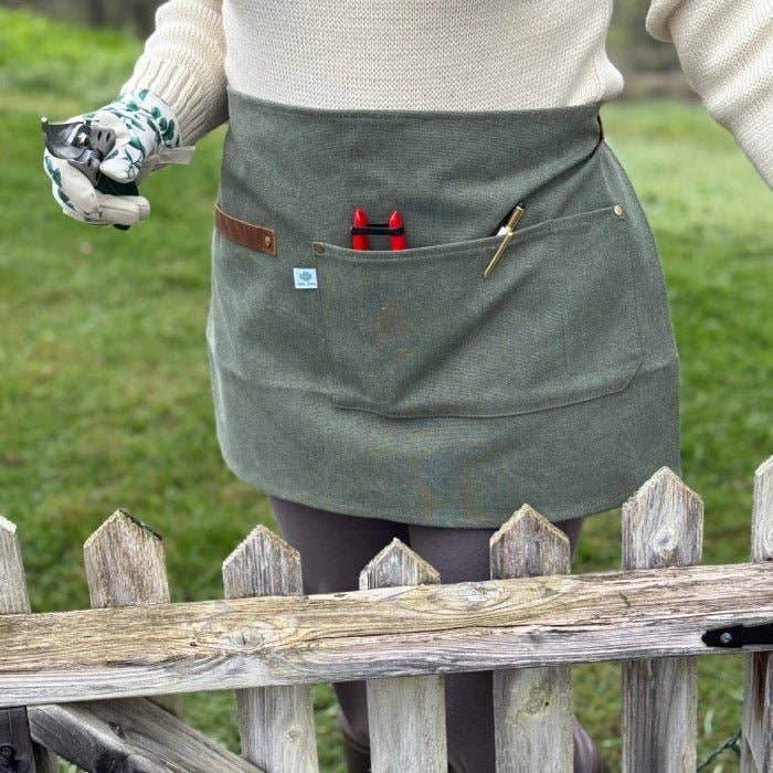 Hunter Green Waxed Canvas Half Apron with Real Leather Strap for wholesale by Celtic Farm LLC