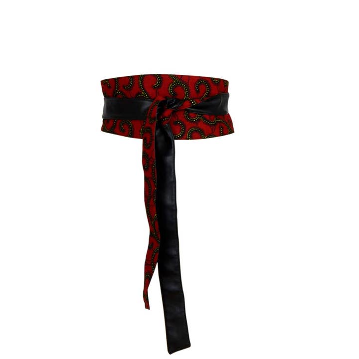 SASH HIGH WAIST BELT, OBI BELT - RED BLACK AFRICAN PRINT for wholesale by Coo-Mon