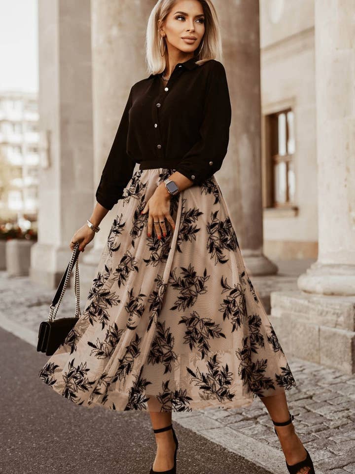 Apricot Floral Leaves Embroidered High Waist Maxi Skirt for wholesale on Faire