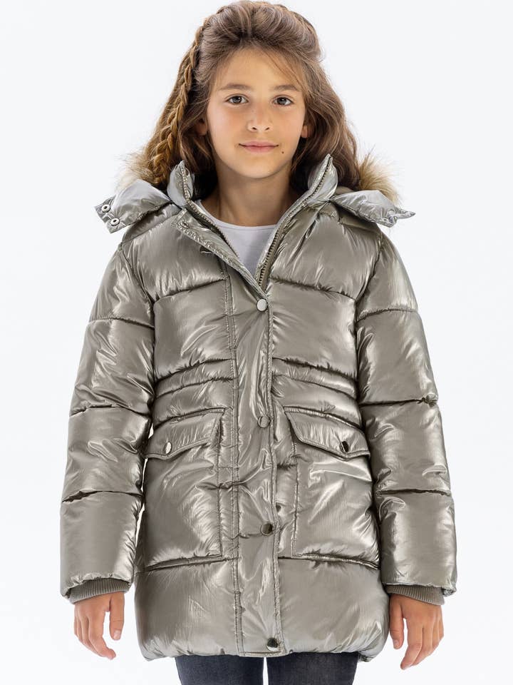 Girls Midi Length Silver Puffer Coat with Fur Lined Hood for wholesale by Minoti sp. z o.o.