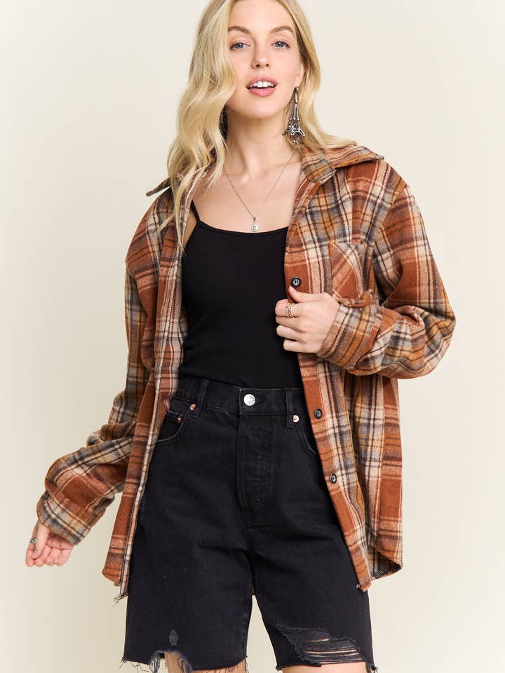 ADORA LA - Wholesale Jacket - Women's - CEJ2586G-PLAID ROLLED SLEEVES BUTTON DOWN SHACKET0