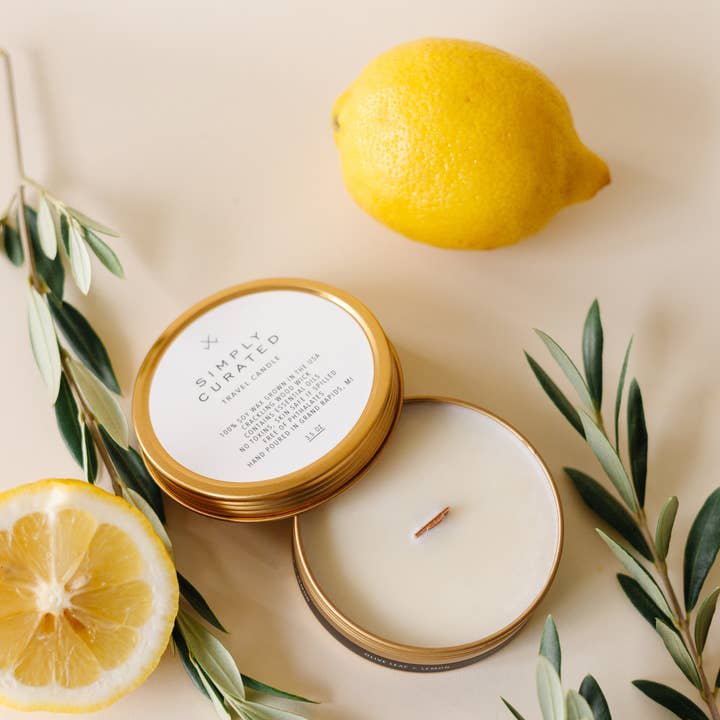 Simply Curated - Vente Bougies de voyage - Feuille d'olivier + Citron - Bougies de voyage en soja0
