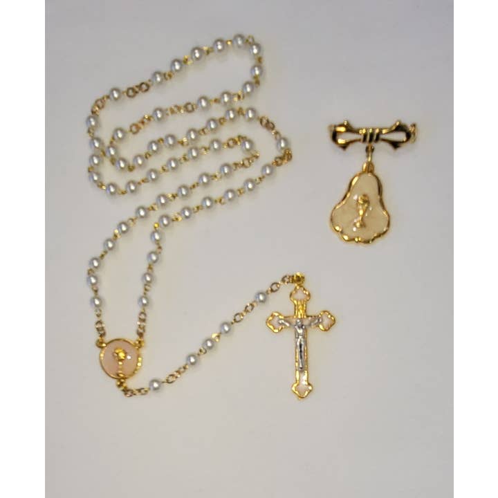 FCR-203 First Communion Pearl Rosary & Chalice Pin set for wholesale by Simply Charming