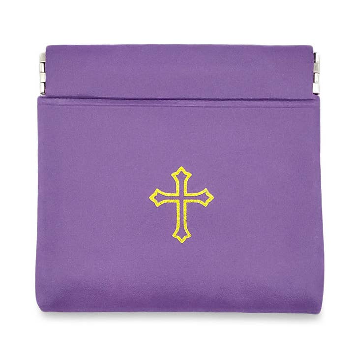 Violet Vinyl Rosary Pouch Squeeze Top Gold Cross Imprint for wholesale by RM Trading