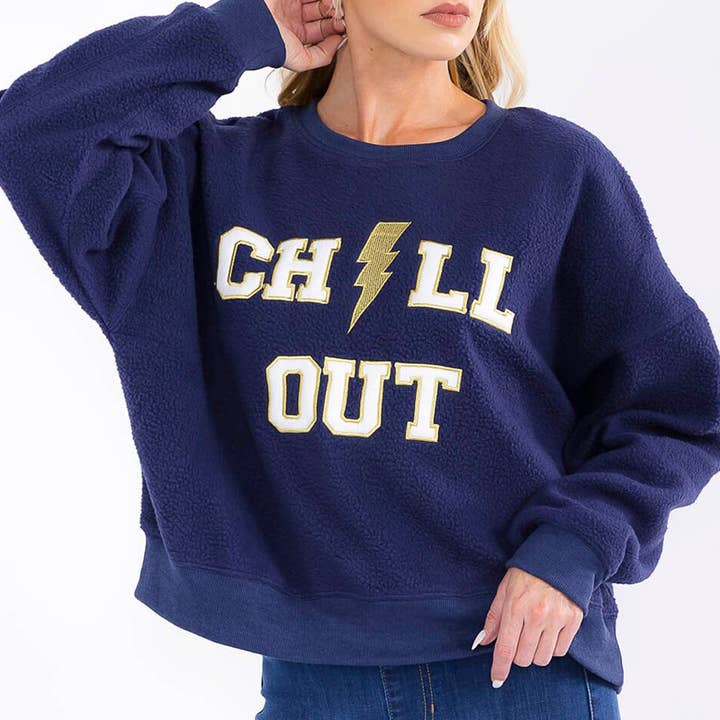 BT2998- CHILL OUT thunderbolt patch teddy knit sweater for wholesale by IWT Brands