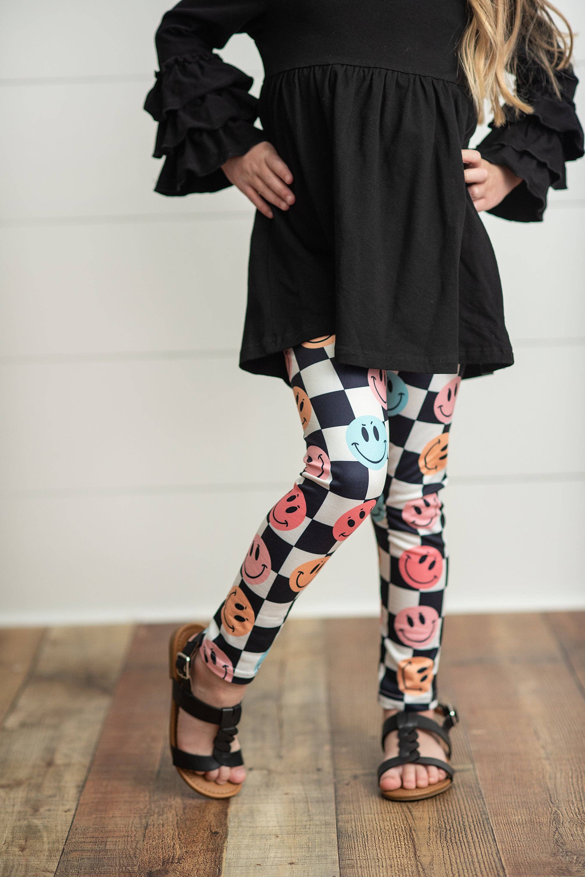 Adorable Sweetness - Wholesale Top & Leggings Set - Kids - Kids Black & White Check Smiley Face Ruffle Top Leggings Set2