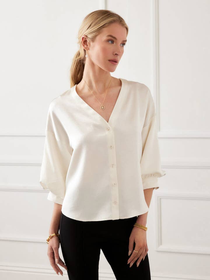 Cream Petite Size Lantern Sleeve Crystal Rhinestone Button Satin Top for wholesale on Faire4