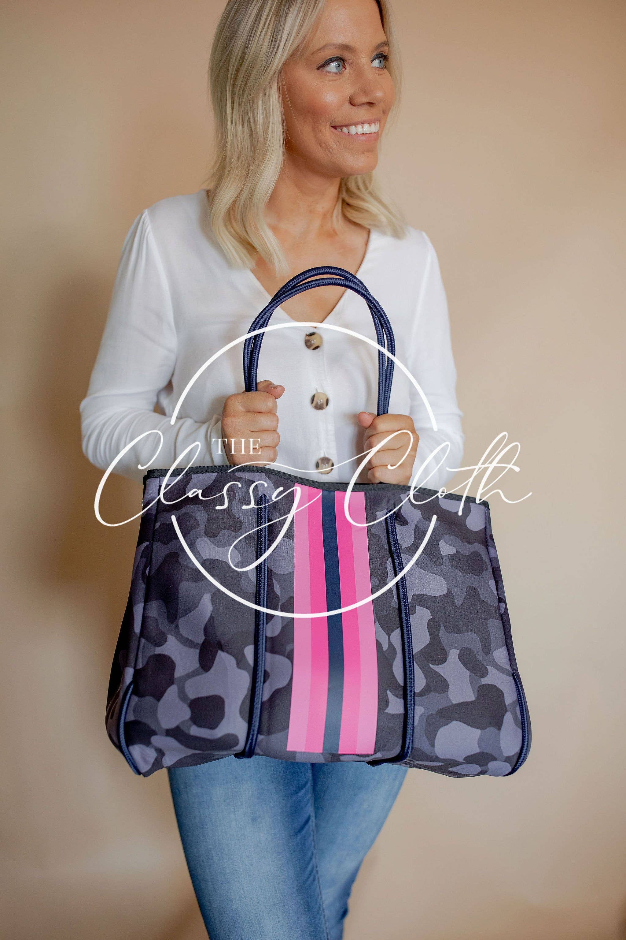 The Classy Cloth WS – Saco de praia por atacado – Saco Praia - Camo Cinzento Roxo c/ RTS Rosa RTS3