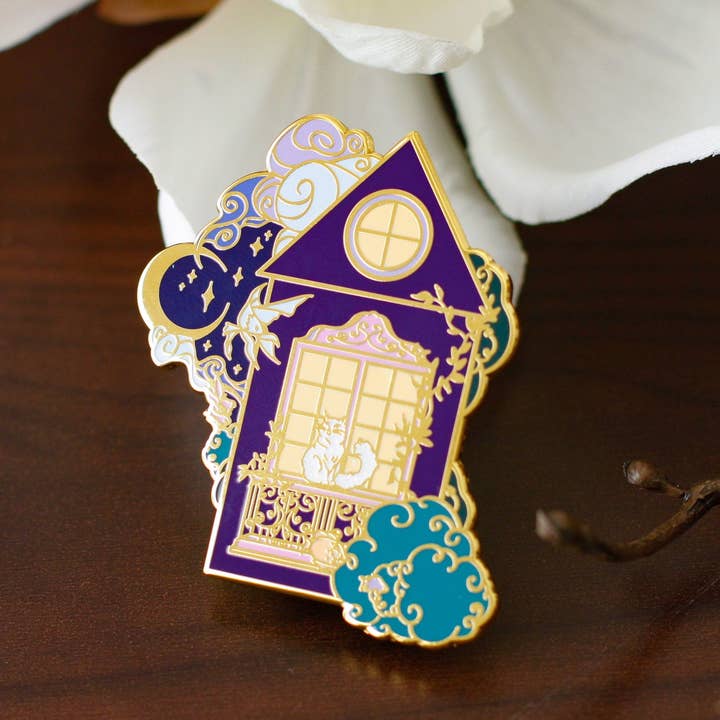 Keely Studios - Wholesale Lapel Pin/Button - Gold Ocean of Sky Balcony Cat Hard Enamel Pin2