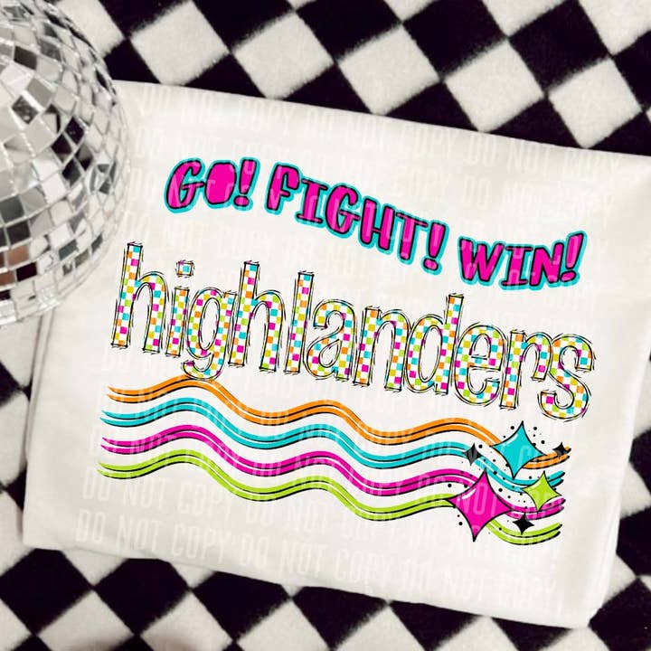 Highlanders Neon Checks Go Fight Win DTF Transfer for wholesale by K and M Designs