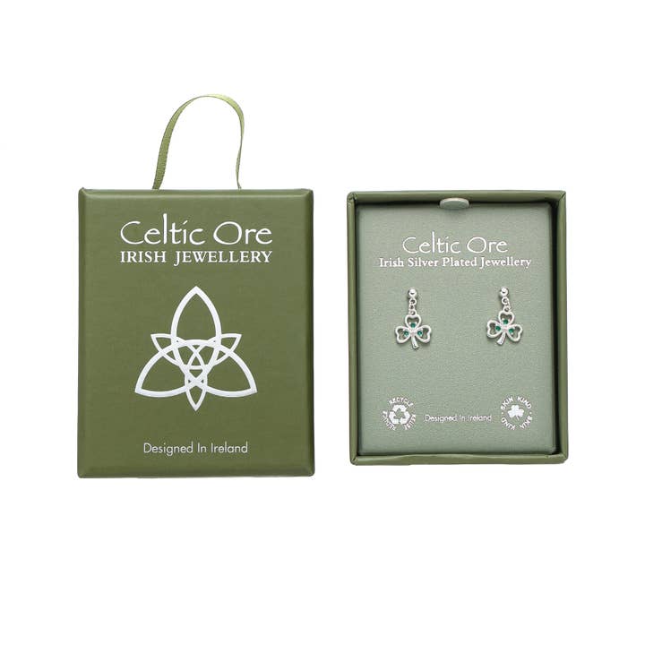 EIR-014E Pendientes de Trébol y 3 CZ Verdes Chapados en Plata para venta al por mayor de Celtic Ore Crafts