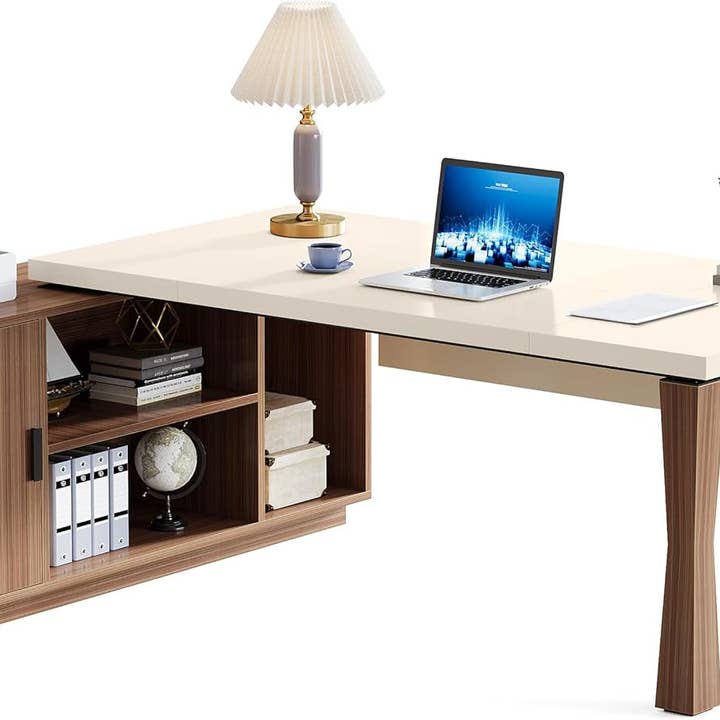 79 Inch Cream White L Shaped Executive Desk With Storage for wholesale on Faire8