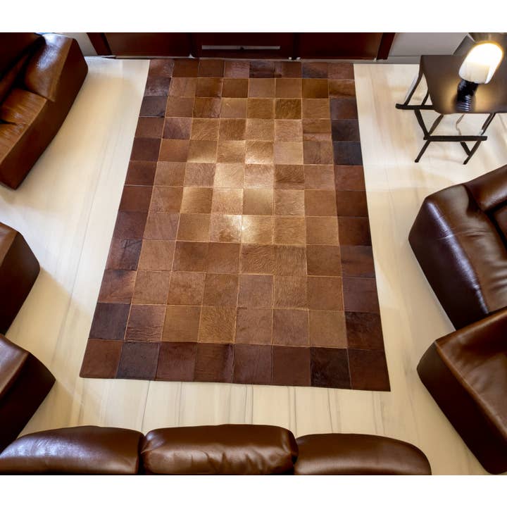 Brown Leather Cowhide Patchwork Living Room Handmade Rug for wholesale by Rosoc Rug