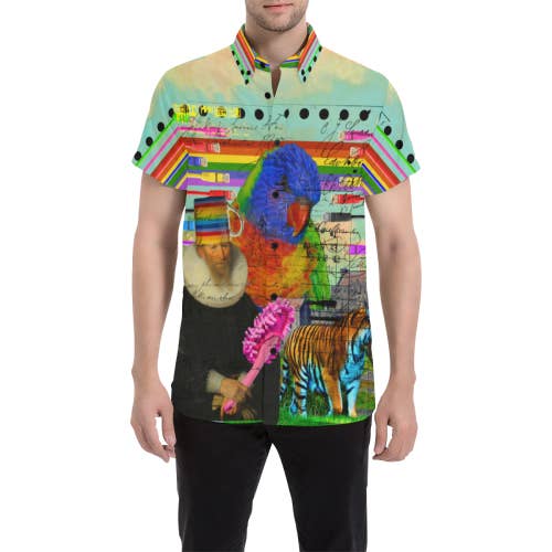 THE BIG PARROT Men's All Over Print Short Sleeve Button Down Shirt for wholesale by Bønes and Balløøns