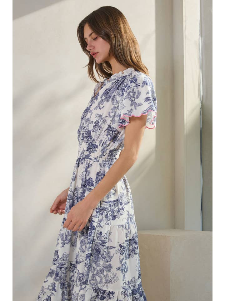 Blue Multi Plus Toi De Paris Printed Tired Midi Dress for wholesale on Faire