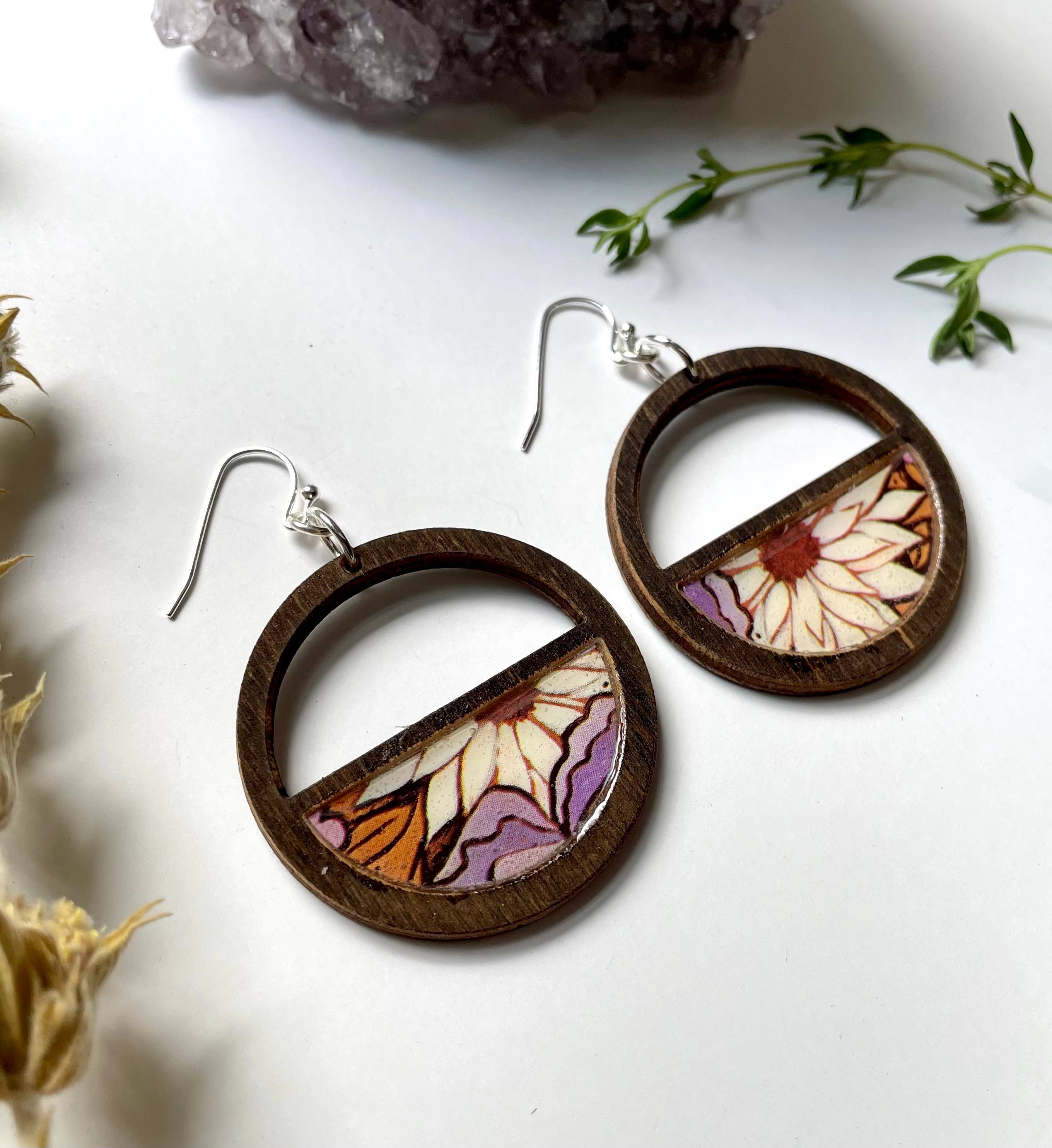 joeyfivecents - Wholesale Dangle Earrings - Natural Dark Wood Earrings - retro purple earthy mod flower1