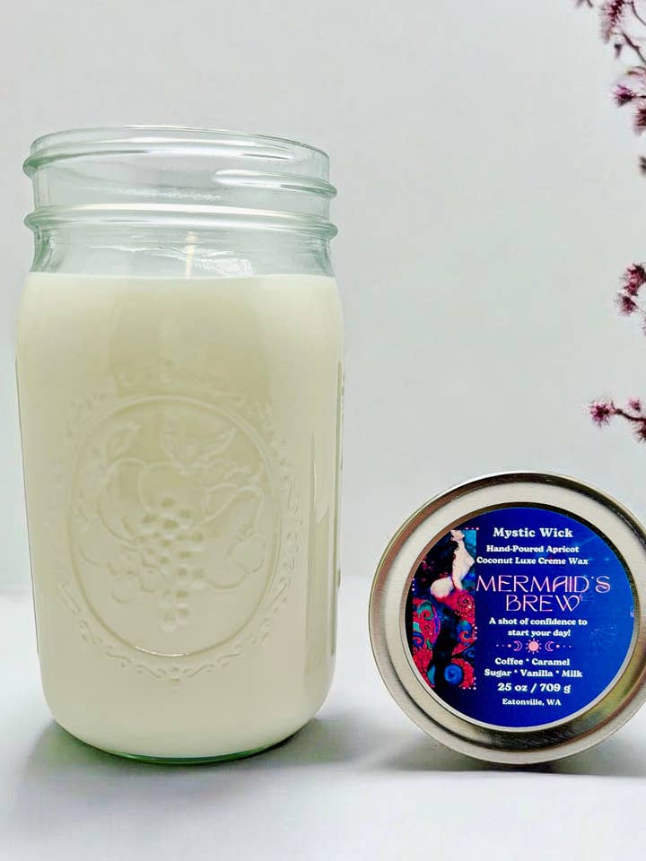 Coffee Shop - (Mermaid's Brew) Cire d'abricot/noix de coco - Bougie en pot Mason 25 oz pour la vente par Mystic Wick LLC