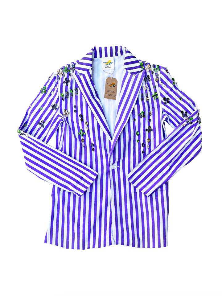 Blazer a righe viola con stampa a blocchi e gioielli per la vendita all'ingrosso da parte di Mardi Gras Creations