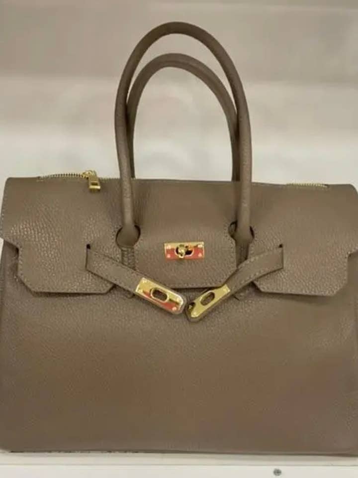 SFT Leather Taupe Handbag Structured and Lock Closure for wholesale by JIJOU CAPRI