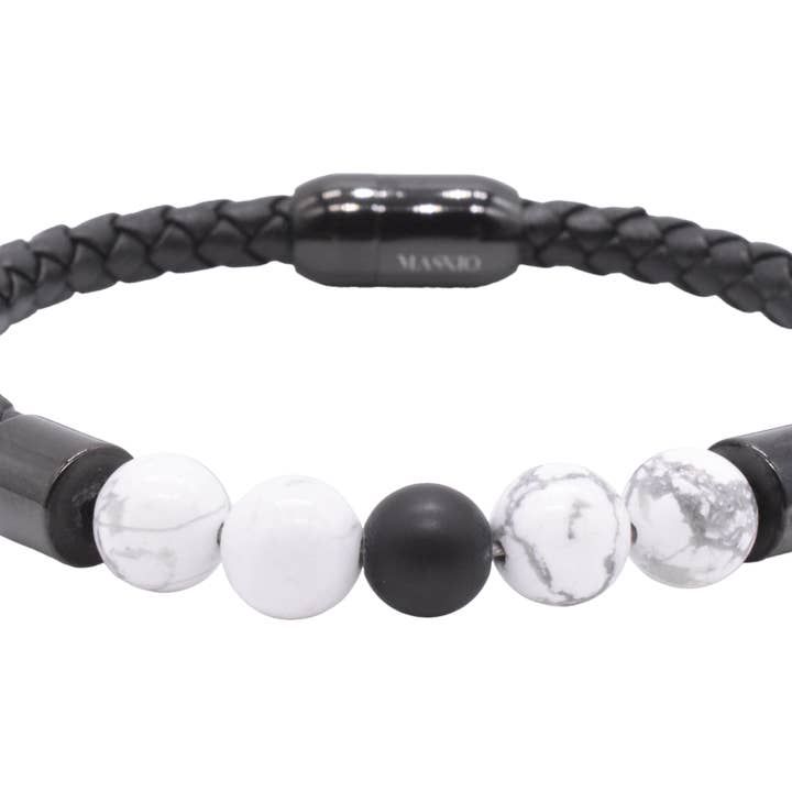 Maskio Black Leather Bracelet with Howlite and Onyx Stones for wholesale by Maskio