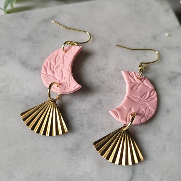 Floral Crescent Moon Earrings in Pink for wholesale by Simply Handmade Home