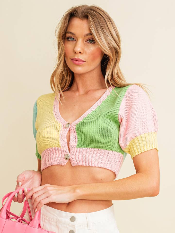 CSW7033A - FLERFARVET STRIKKET CROP CARDIGAN for engroshandel hos Cloud Ten